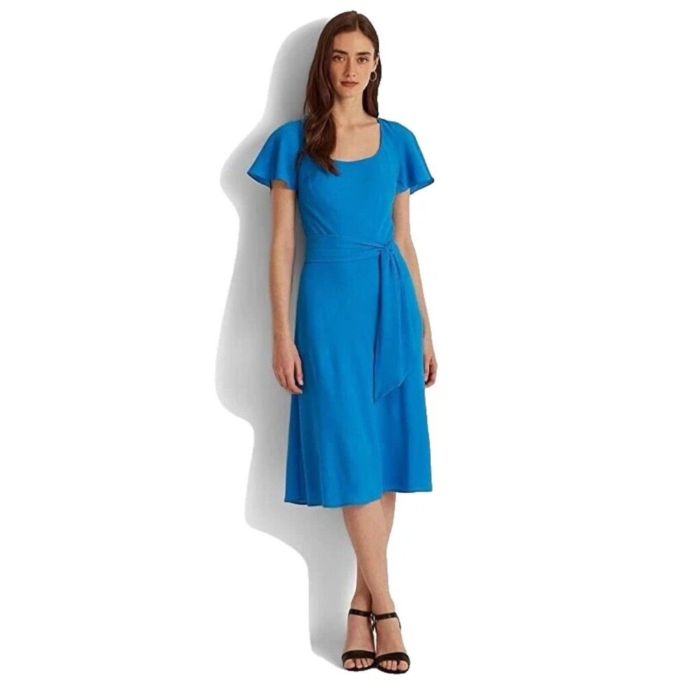 NEW LAUREN RALPH LAUREN BLUE FIT AND FLARE MIDI CREPE DRESS SIZE 14 $125 SRP